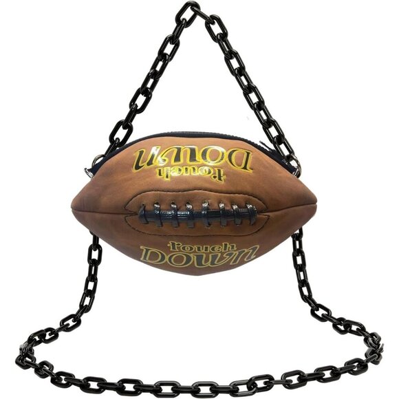 Football Shaped Crossbody Bag Leather with Chain Strap Sport Fan Purse